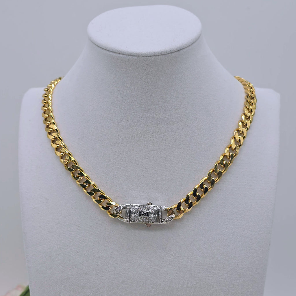 Gold Cuban Link Gold Plated Necklace with Pave Box Clasp