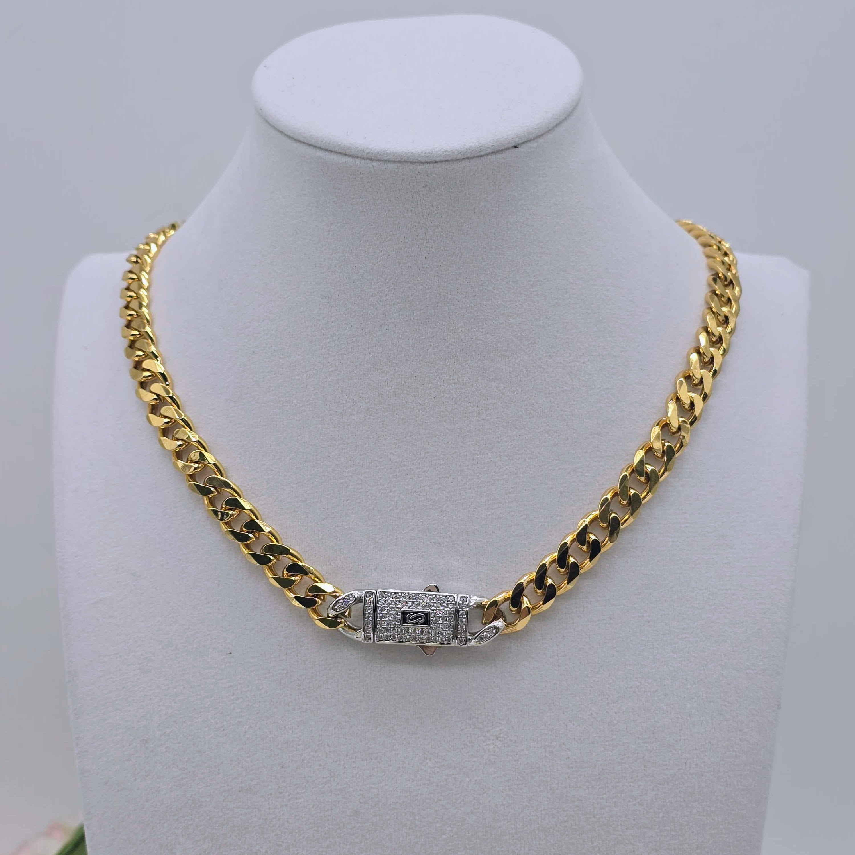 Gold Cuban Link Gold Plated Necklace with Pave Box Clasp