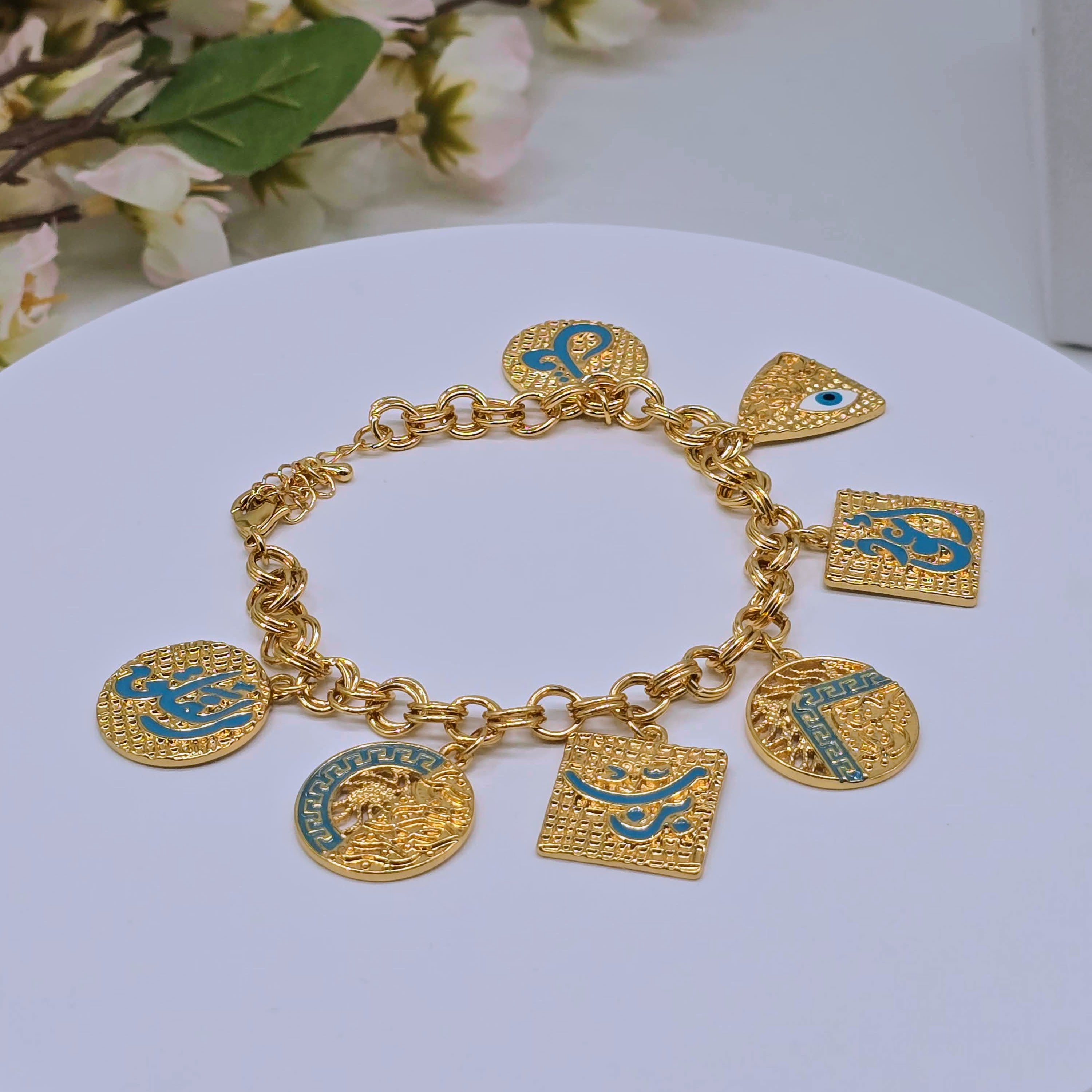 Gold Charm Chain Environmental Brass Bracelet with Enamel Motifs