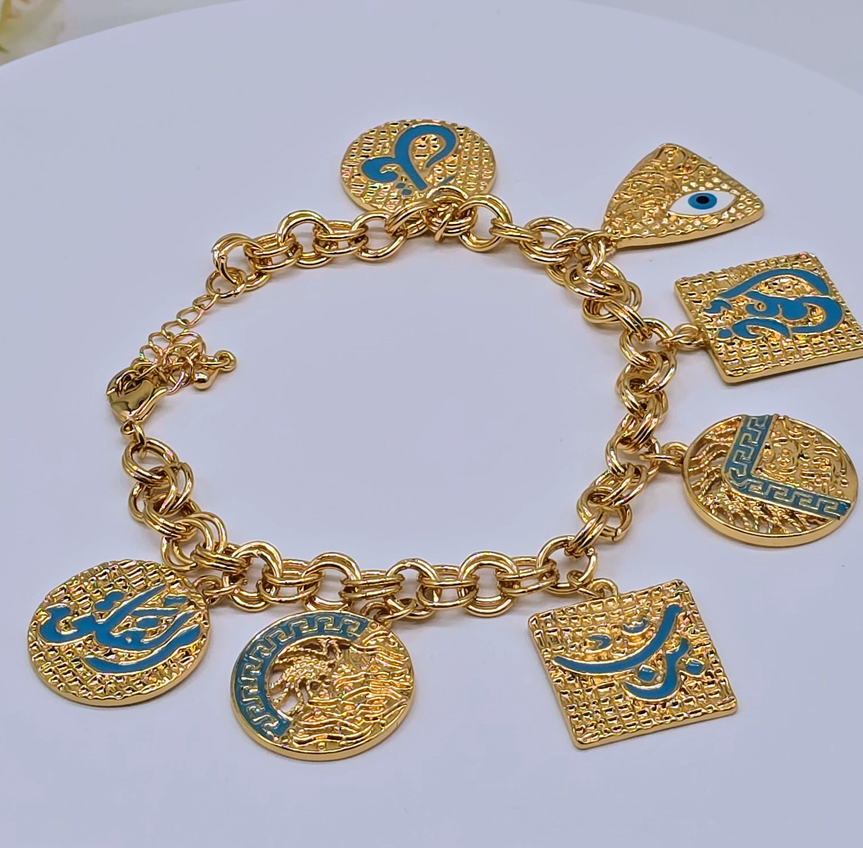 Gold Charm Chain Environmental Brass Bracelet with Enamel Motifs