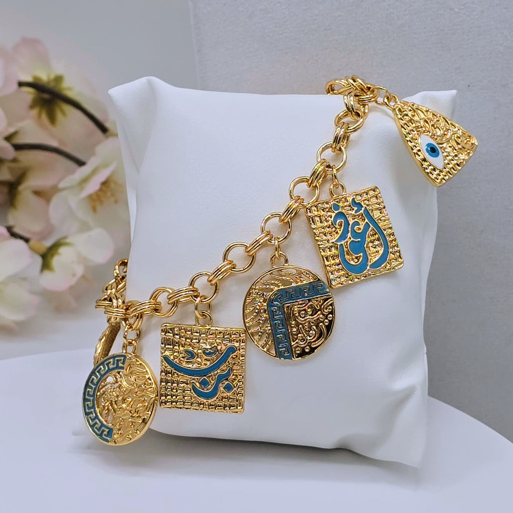 Gold Charm Chain Environmental Brass Bracelet with Enamel Motifs