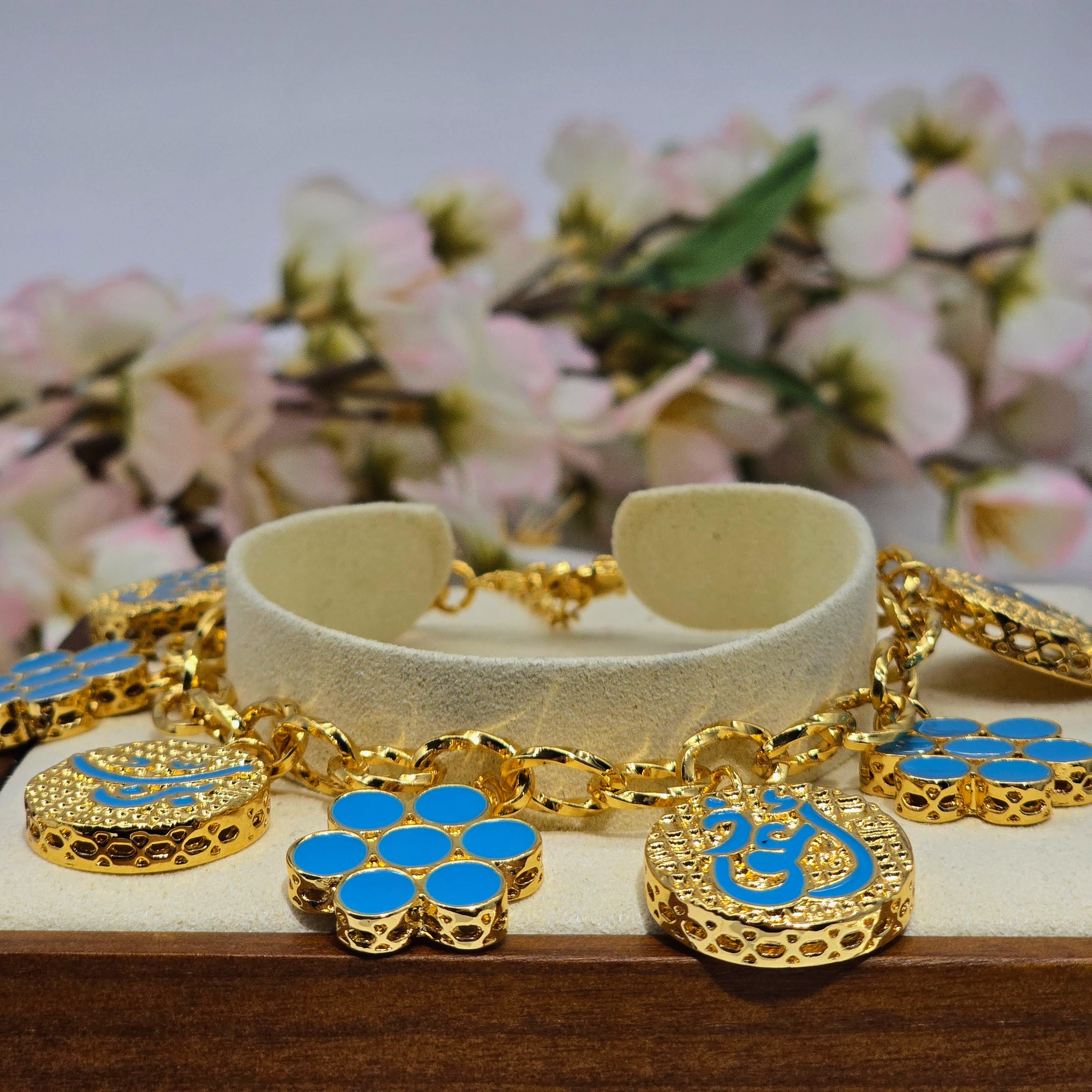 Gold Charm Chain Environmental Brass Bracelet with Turquoise Enamel Calligraphy & Floral Motifs