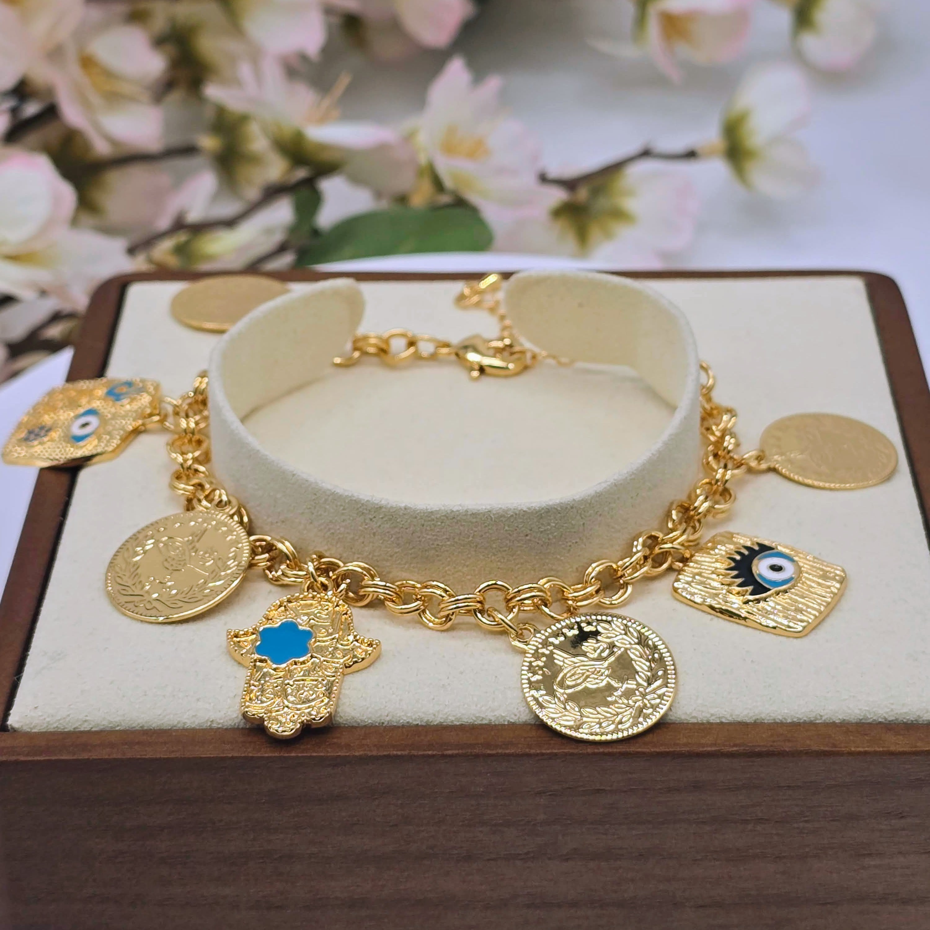Gold Charm Chain Environmental Brass Bracelet with Protective Symbols & Enamel Accents