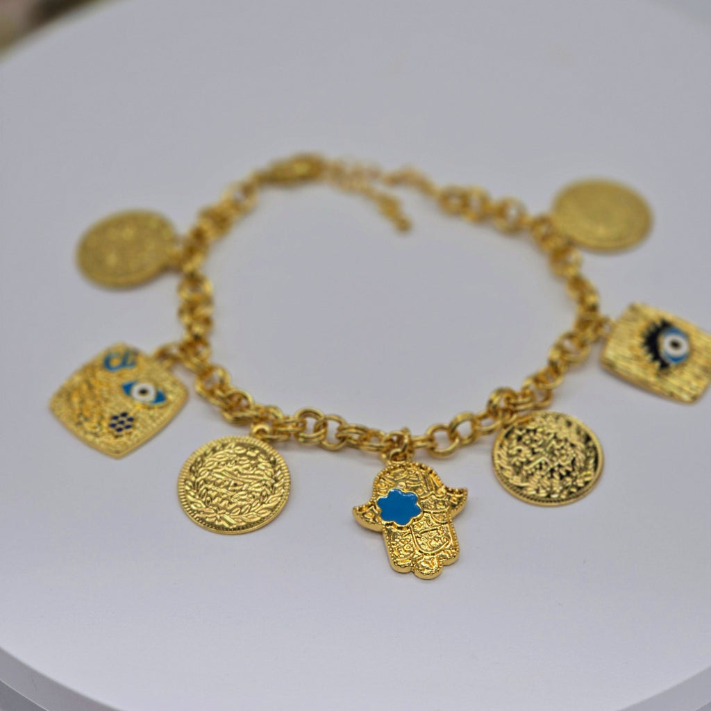 Gold Charm Chain Environmental Brass Bracelet with Protective Symbols & Enamel Accents