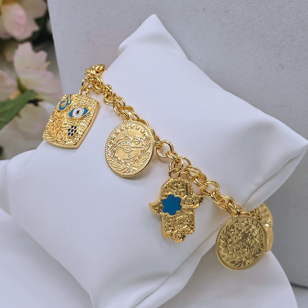 Gold Charm Chain Environmental Brass Bracelet with Protective Symbols & Enamel Accents