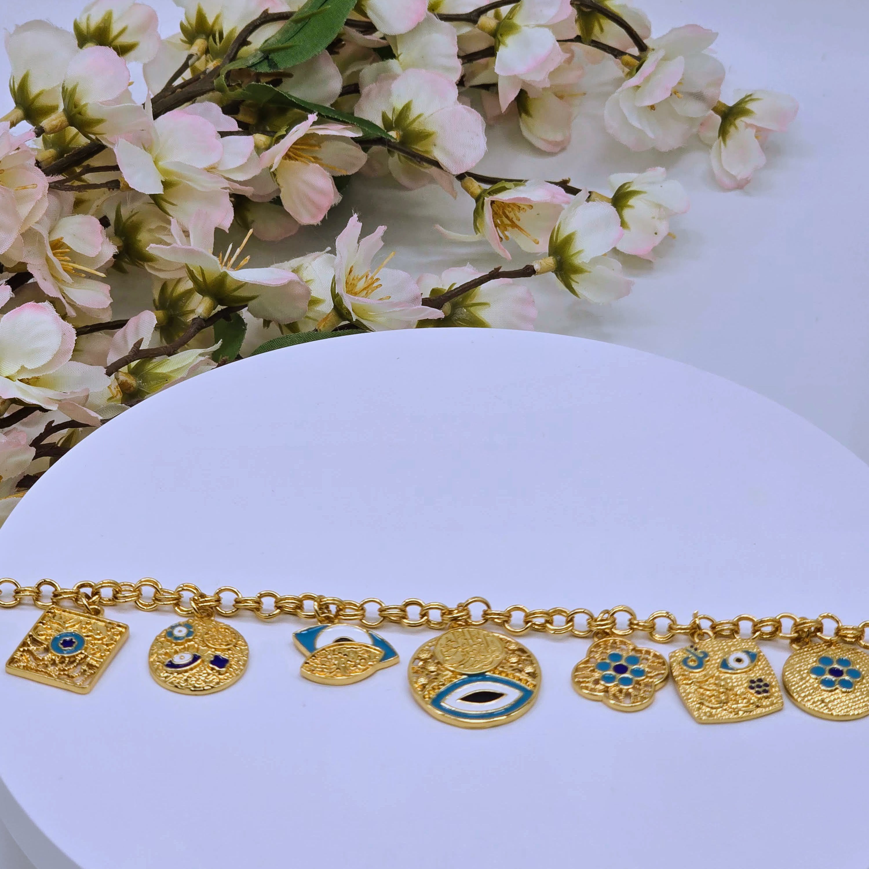 Gold Charm Chain Environmental Brass Bracelet with Evil Eye, Floral & Calligraphy Symbols