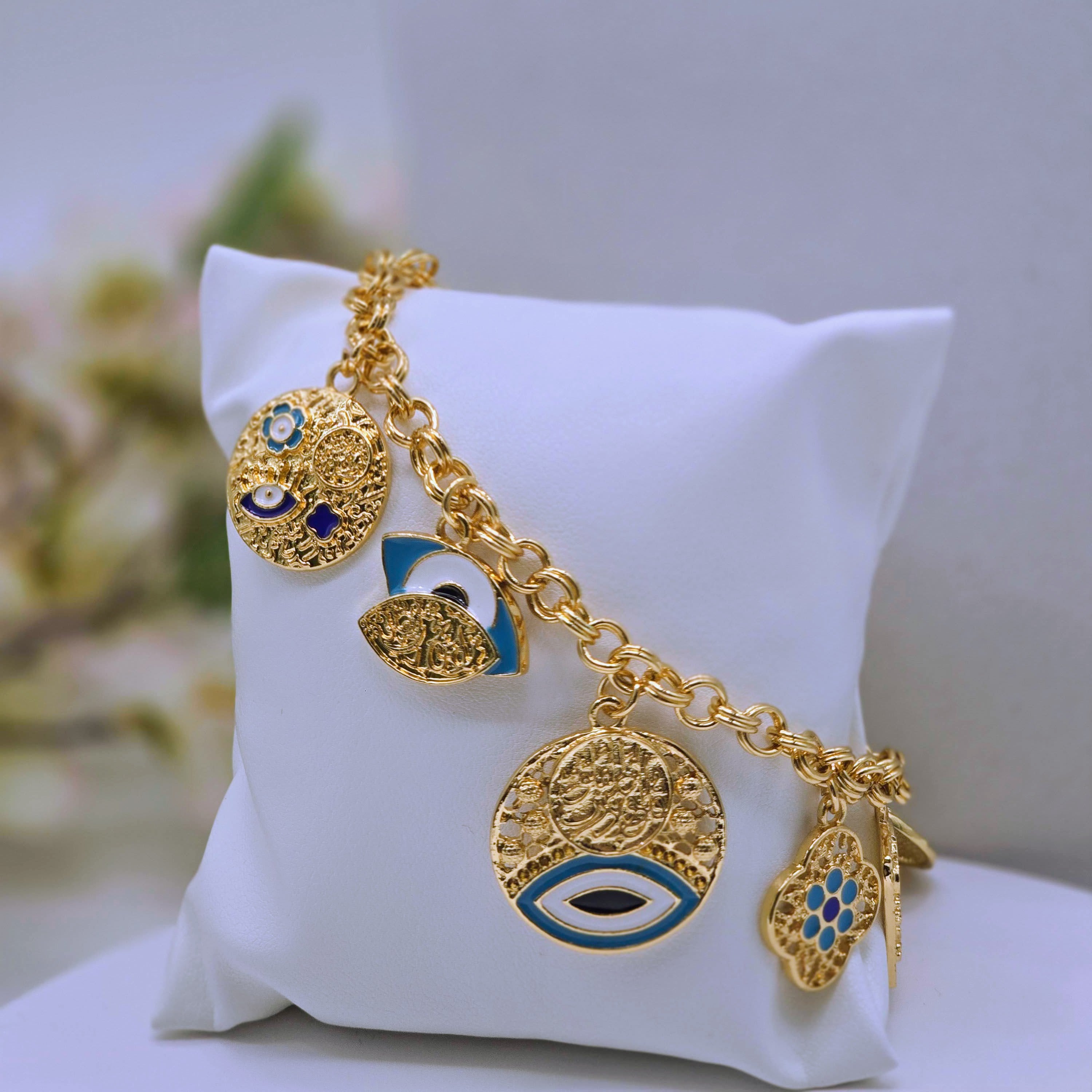 Gold Charm Chain Environmental Brass Bracelet with Evil Eye, Floral & Calligraphy Symbols