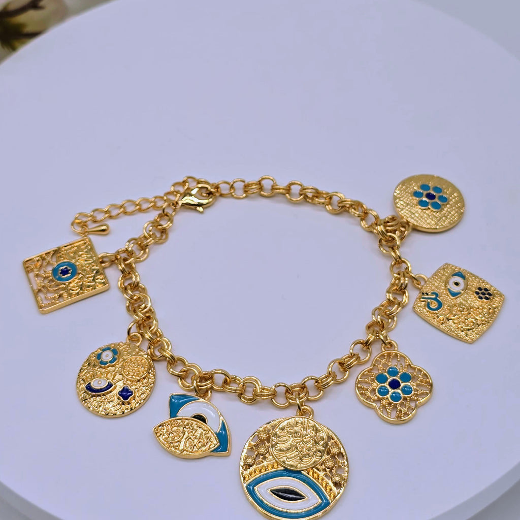 Gold Charm Chain Environmental Brass Bracelet with Evil Eye, Floral & Calligraphy Symbols