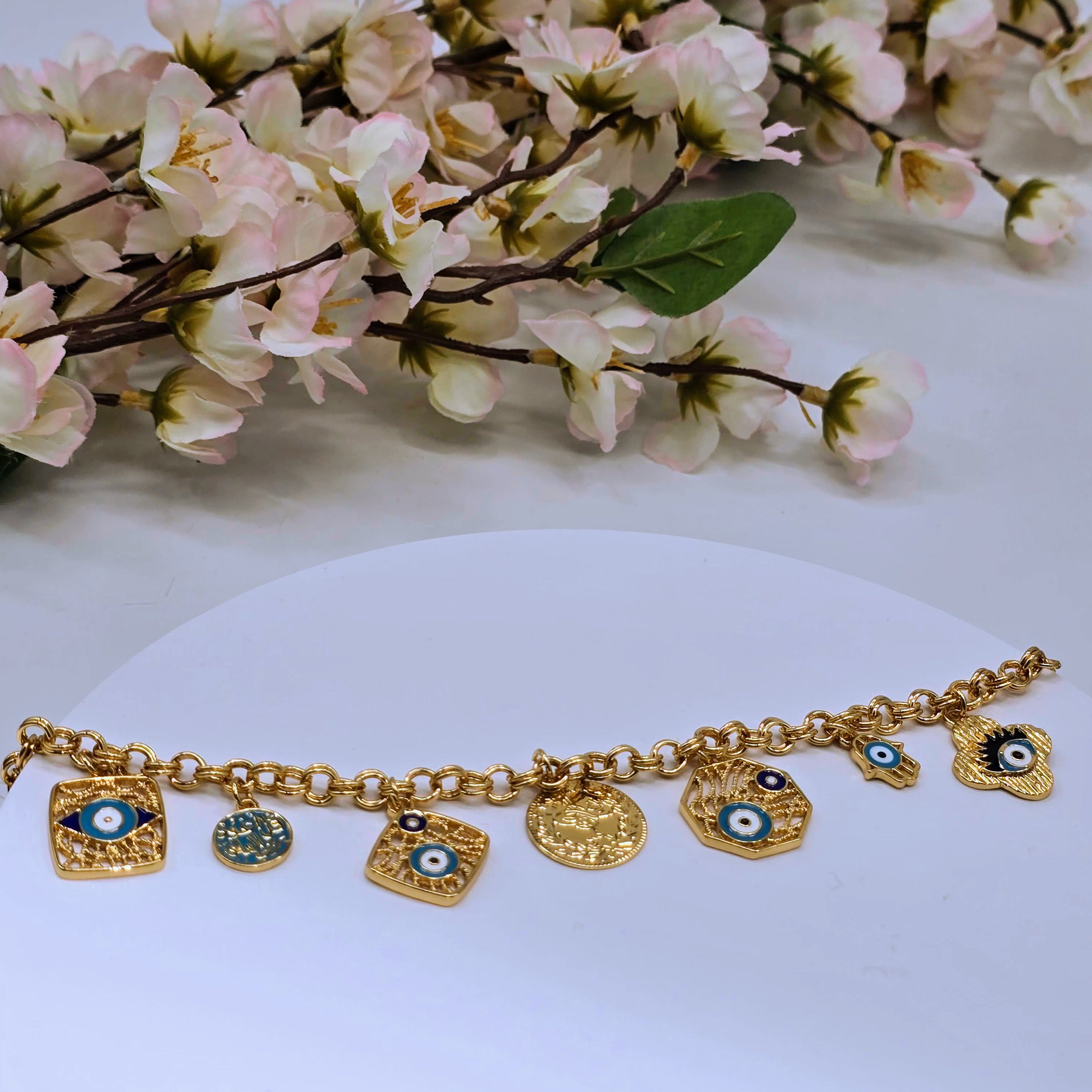 Gold Charm Chain Environmental Brass Bracelet with Evil Eye, Floral & Calligraphy Symbols