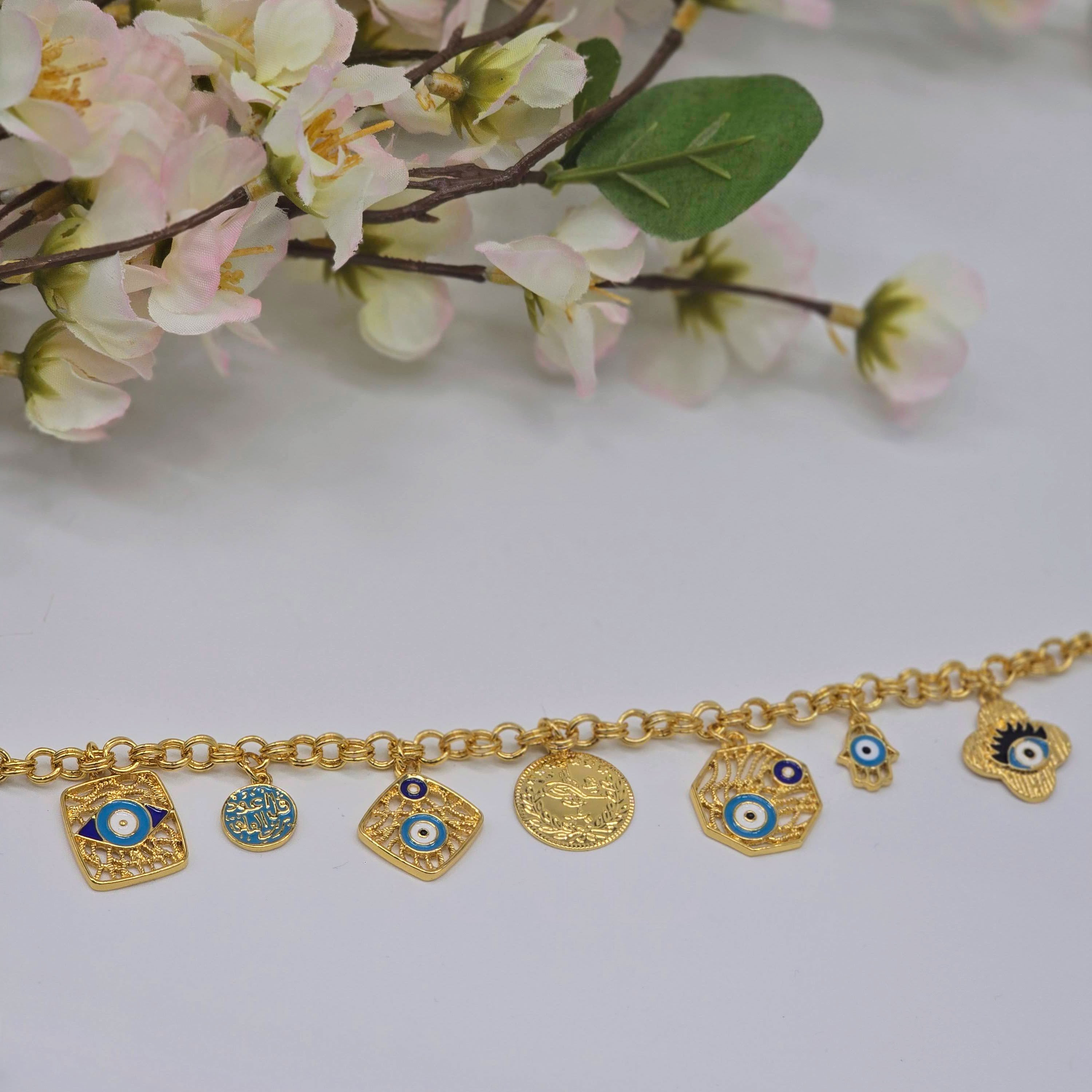 Gold Charm Chain Environmental Brass Bracelet with Evil Eye, Floral & Calligraphy Symbols