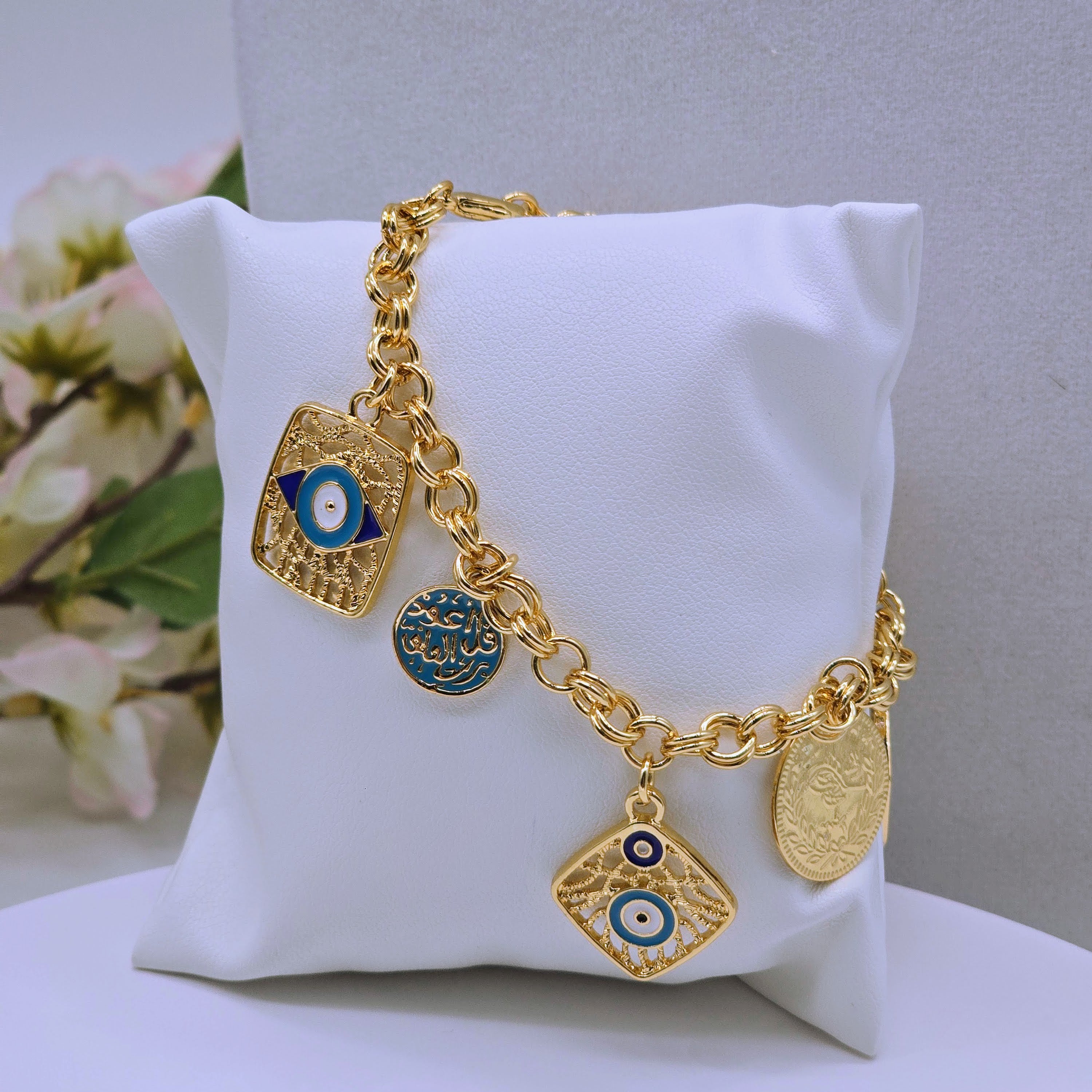 Gold Charm Chain Environmental Brass Bracelet with Evil Eye, Floral & Calligraphy Symbols