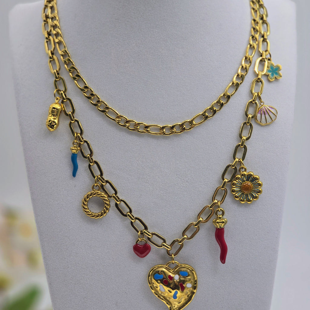 The Mediterranean Mosaic Heart Set – Stainless Steel Layered Necklaces & Charm Bracelet
