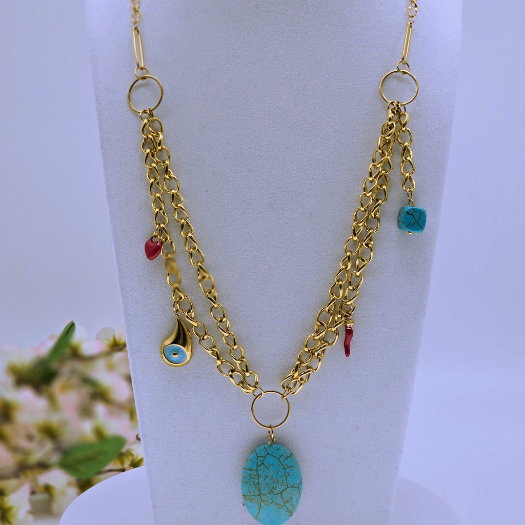 The Turquoise Talisman -  Stainless Steel Layered Statement Necklace