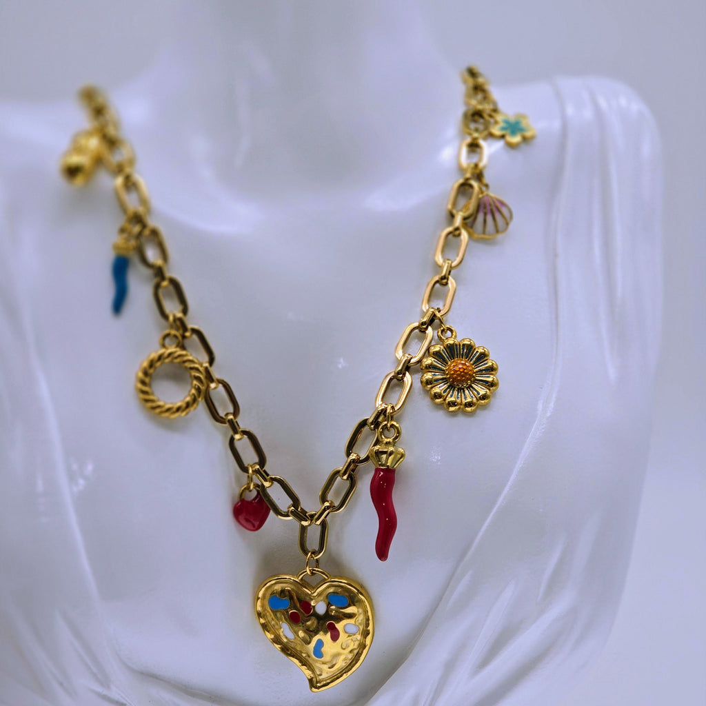 The Mediterranean Mosaic Heart Set – Stainless Steel Layered Necklaces & Charm Bracelet