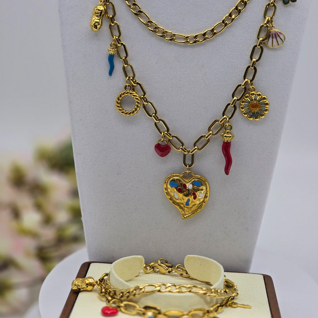 The Mediterranean Mosaic Heart Set – Stainless Steel Layered Necklaces & Charm Bracelet