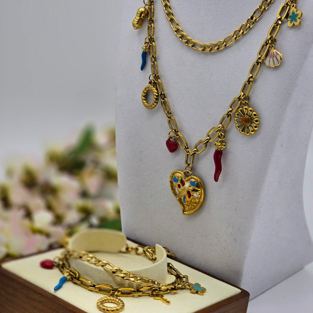 The Mediterranean Mosaic Heart Set – Stainless Steel Layered Necklaces & Charm Bracelet