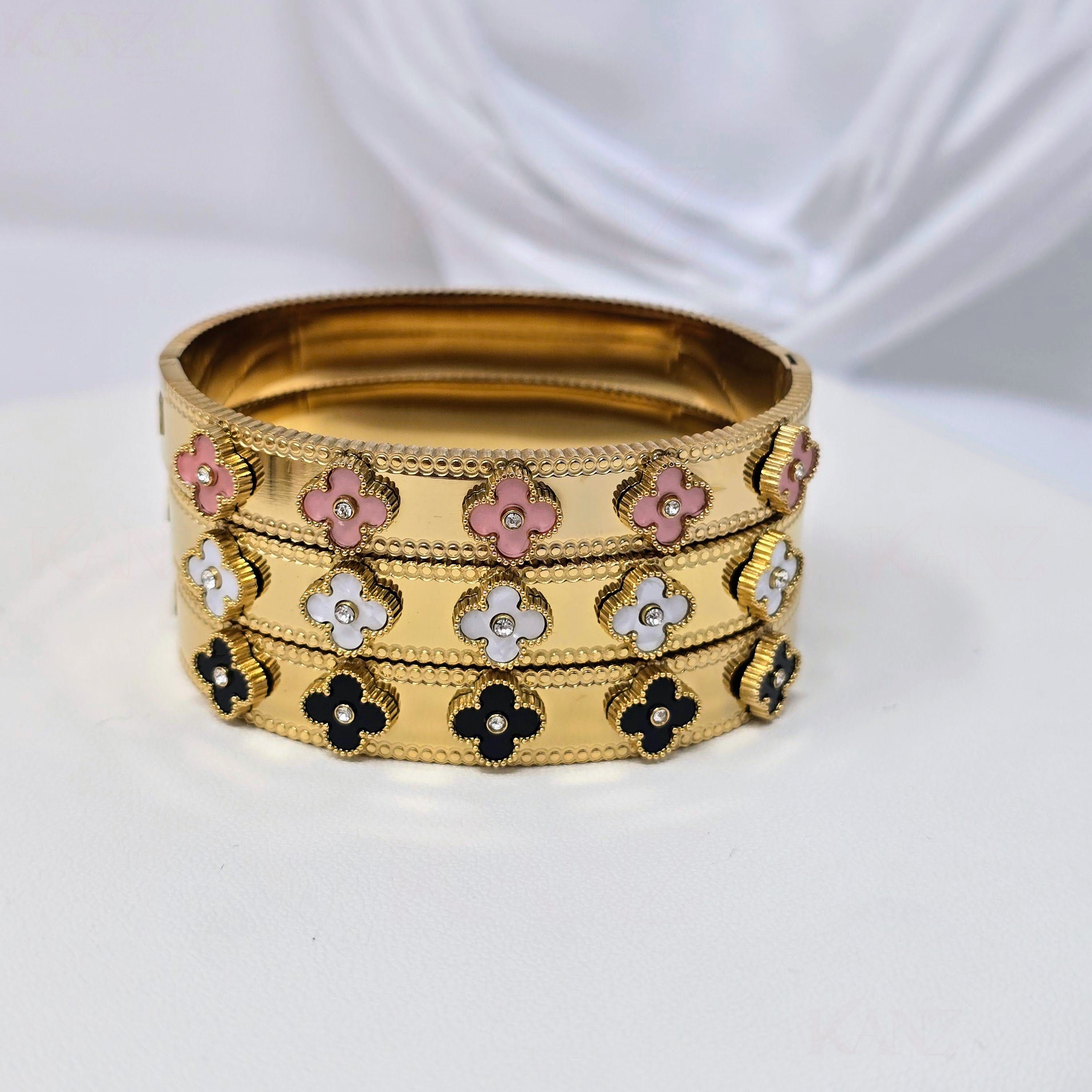 Enamel Floral Cloves Stainless Steel Hinged Bangle
