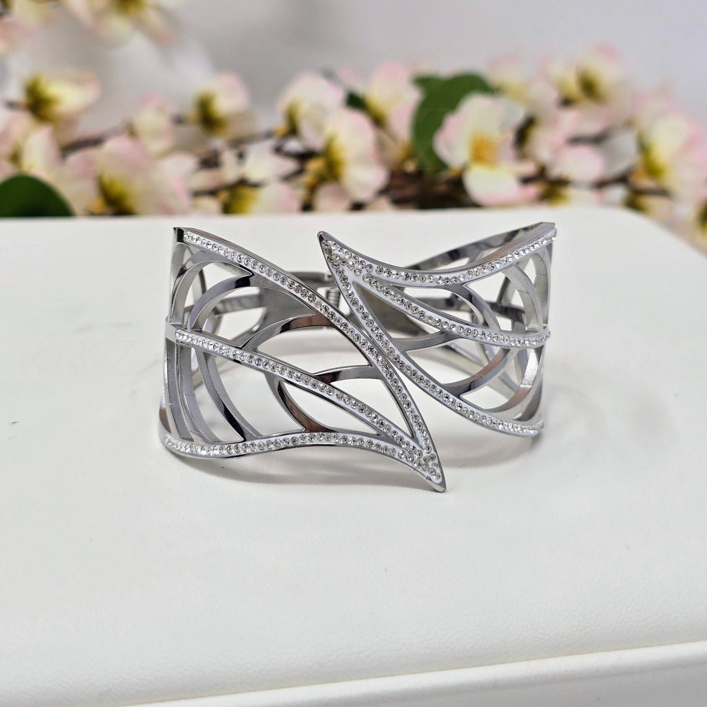Sculptural Leaf Cuff Stainless Steel Bracelet with CZ Accents