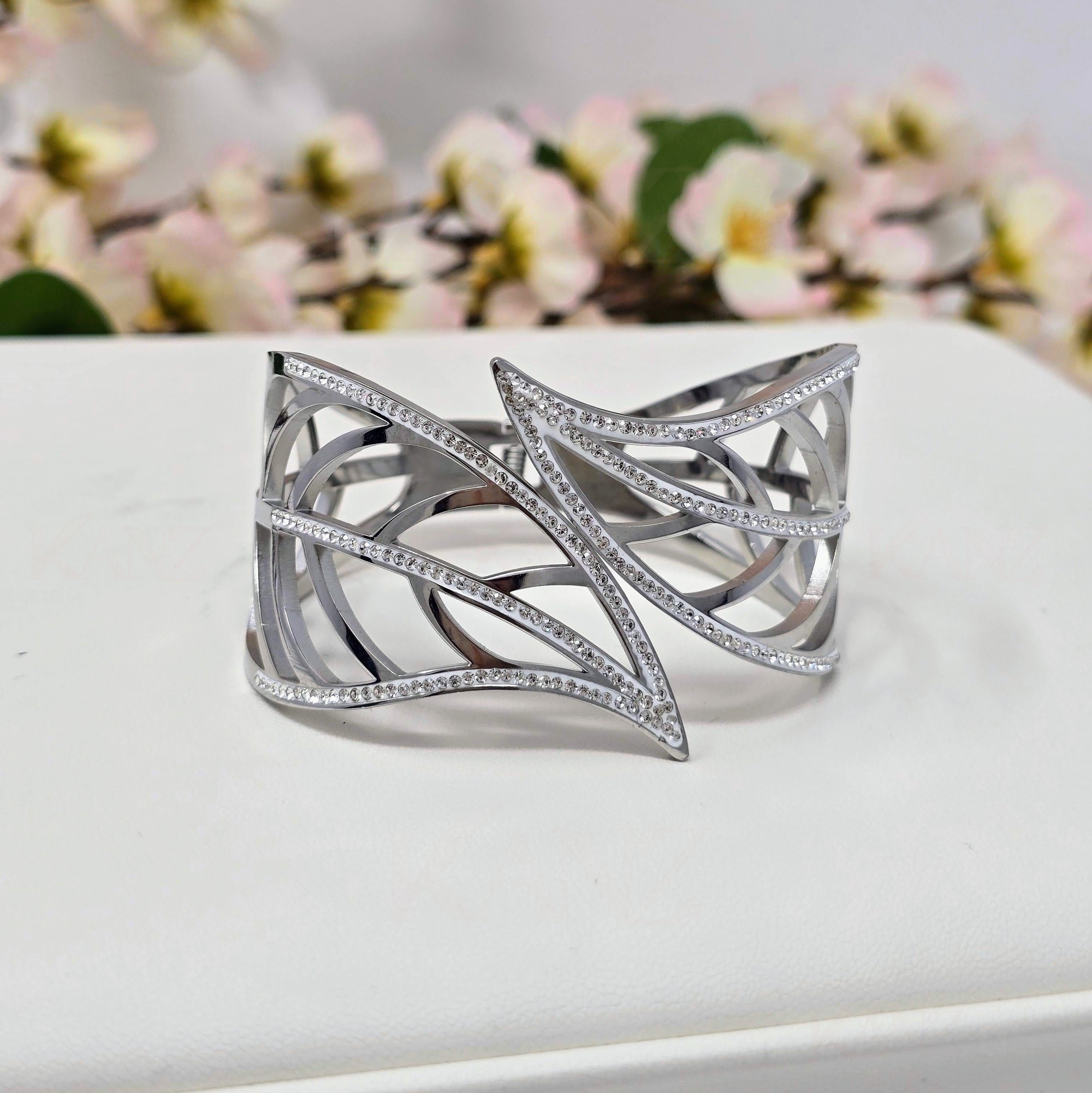Sculptural Leaf Cuff Stainless Steel Bracelet with CZ Accents