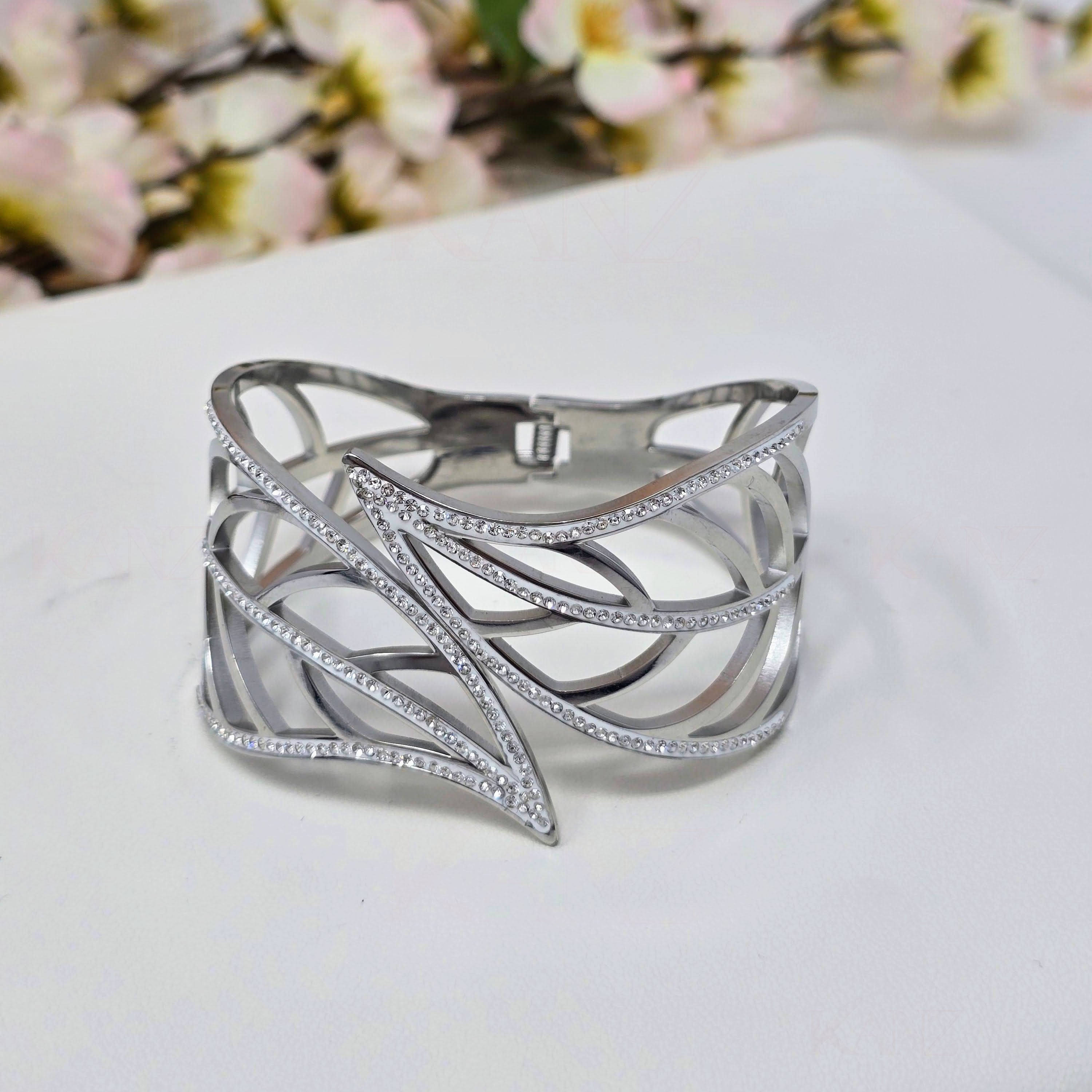 Sculptural Leaf Cuff Stainless Steel Bracelet with CZ Accents