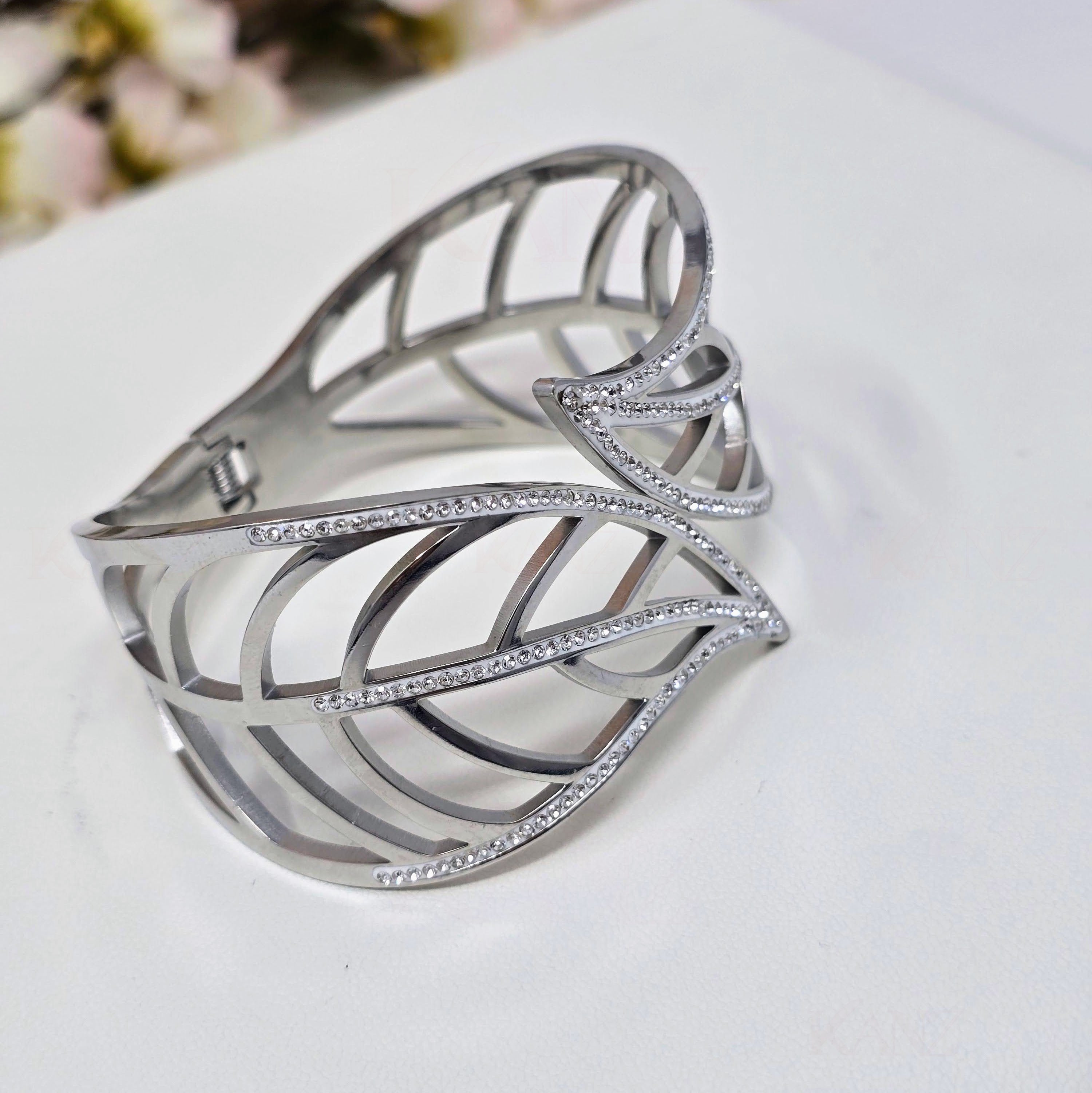 Sculptural Leaf Cuff Stainless Steel Bracelet with CZ Accents