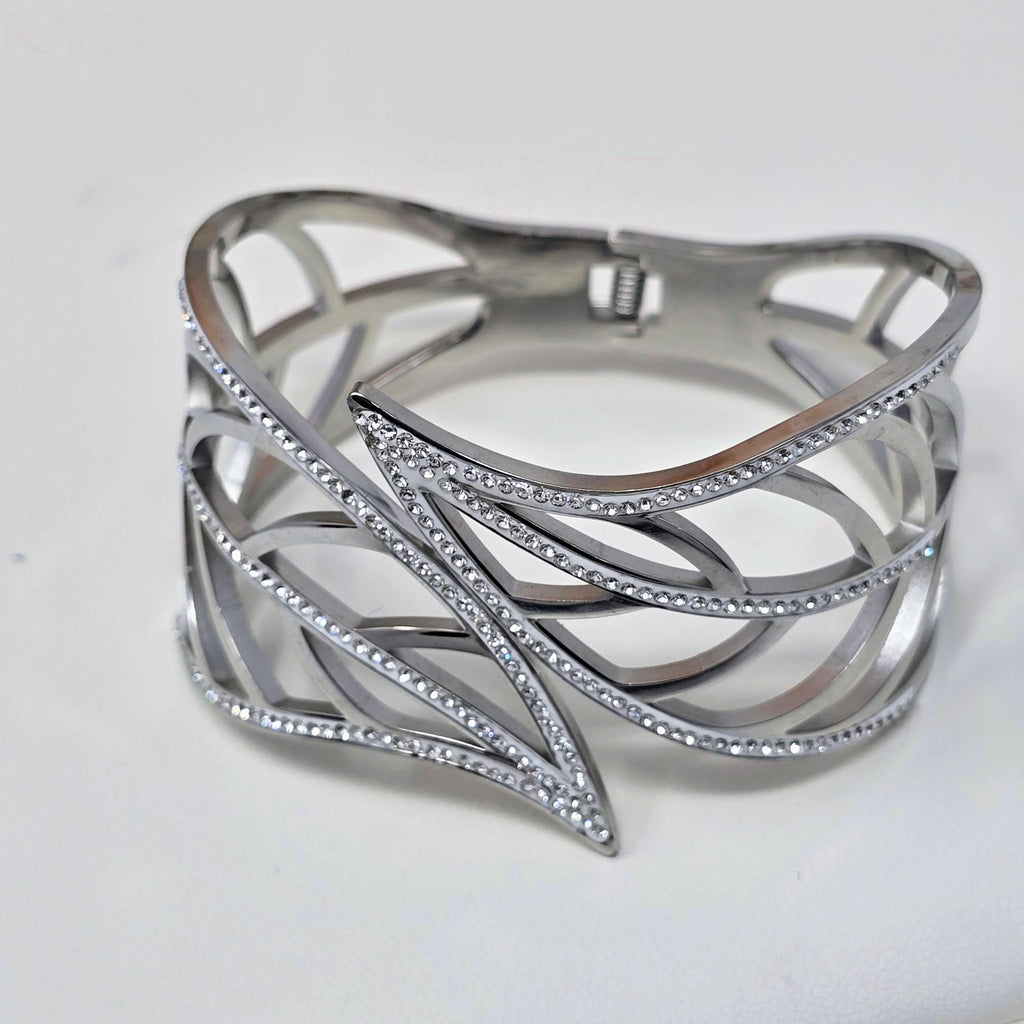 Sculptural Leaf Cuff Stainless Steel Bracelet with CZ Accents