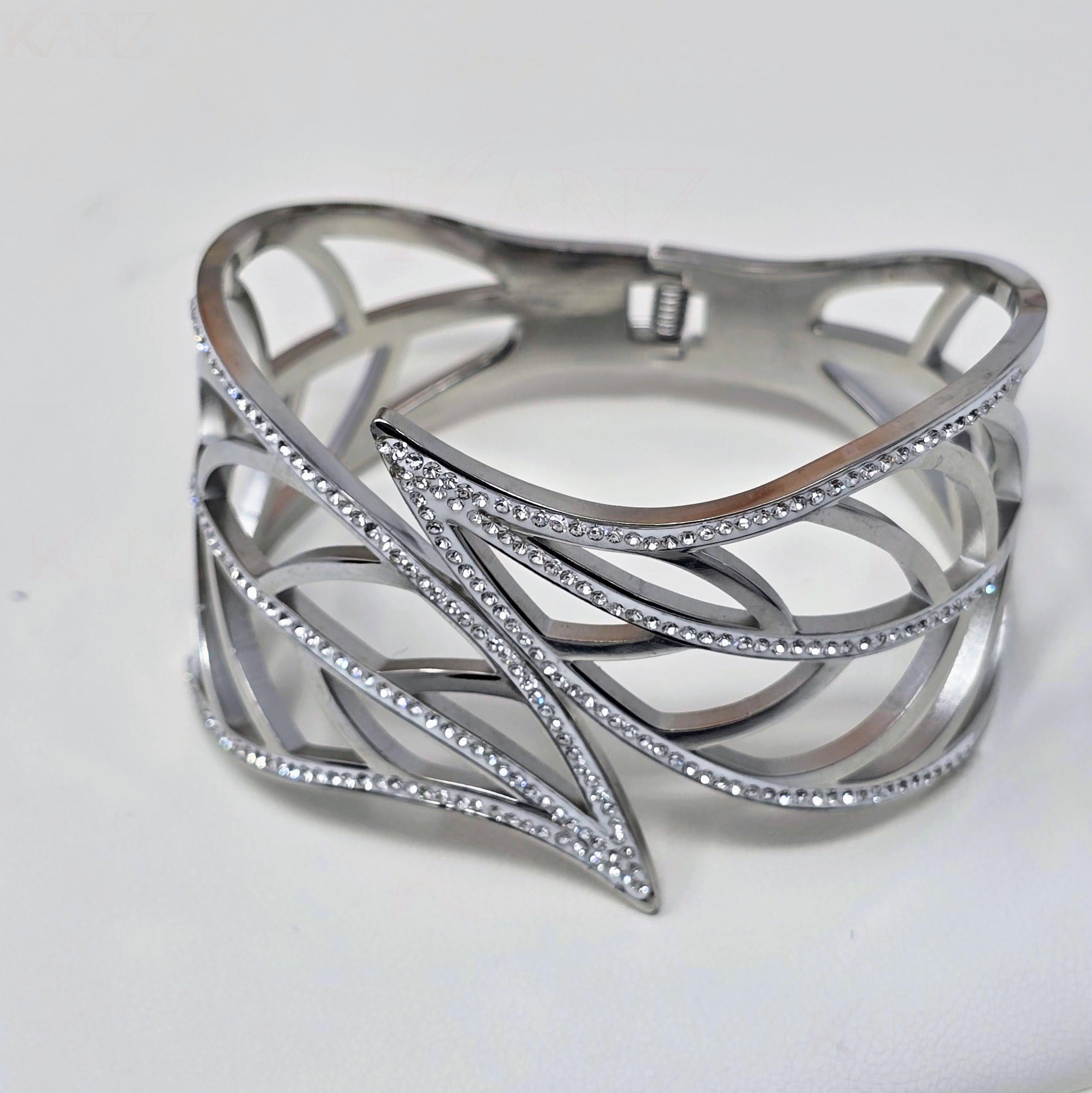 Sculptural Leaf Cuff Stainless Steel Bracelet with CZ Accents