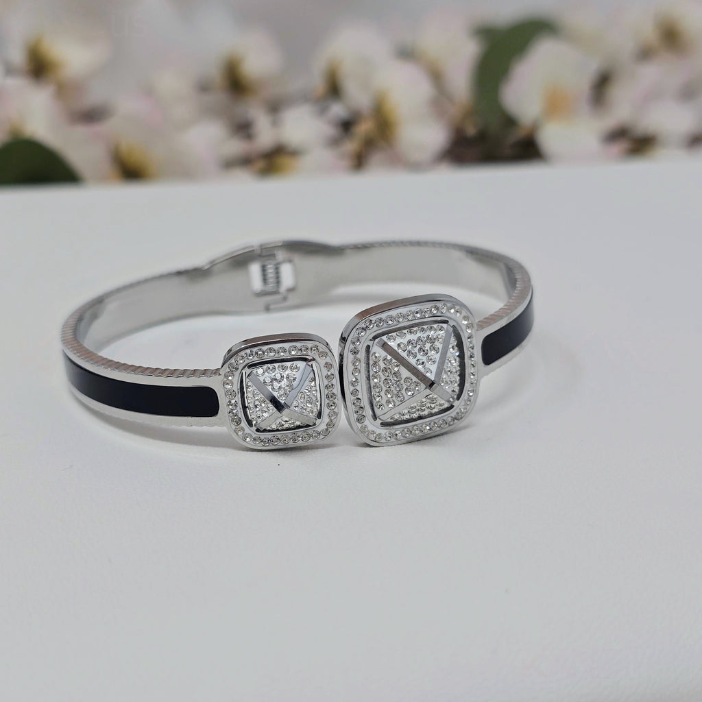 Dual Eclipse CZ Stainless Steel Hinged Bangle