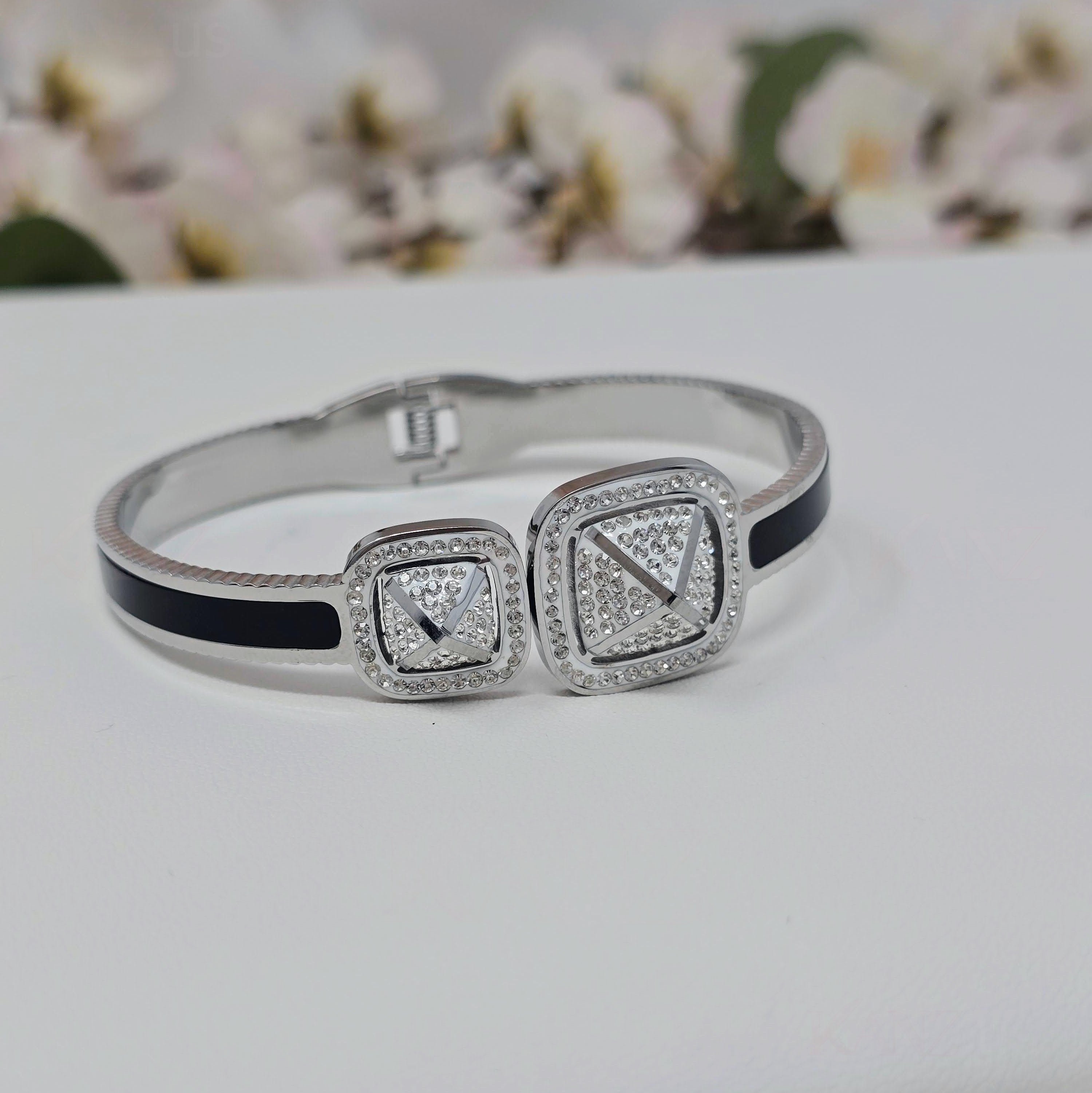 Dual Eclipse CZ Stainless Steel Hinged Bangle