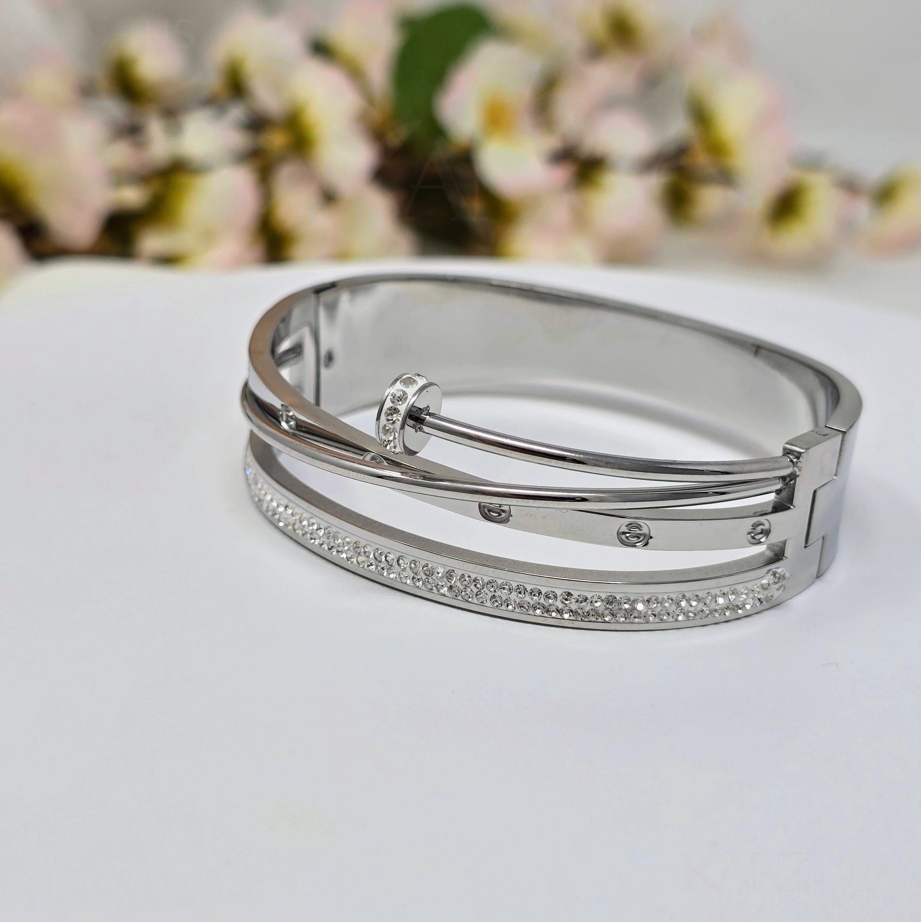 Dual Nail Pave Stainless Steel Hinged Bangle (Copy)