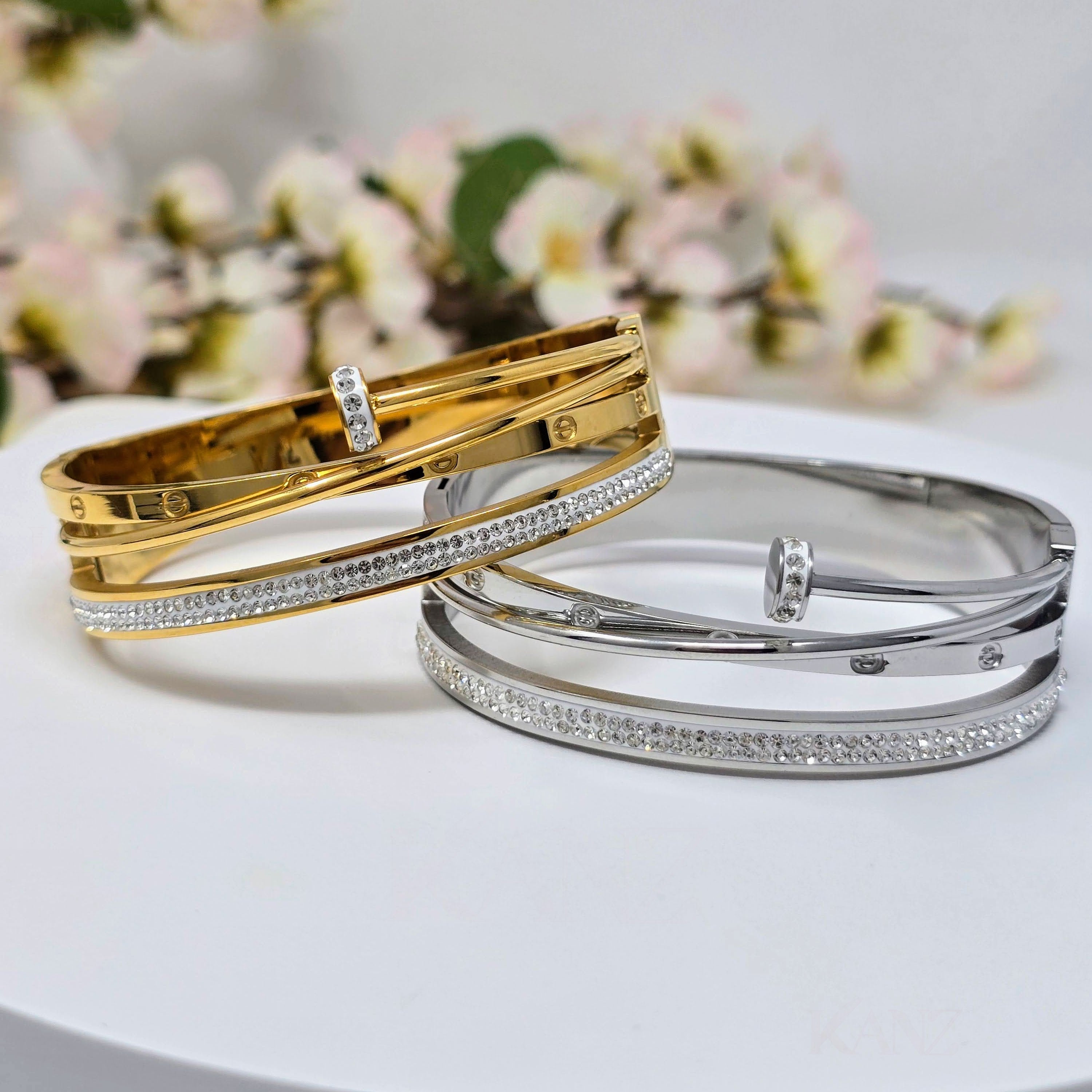 Dual Nail Pave Stainless Steel Hinged Bangle (Copy)