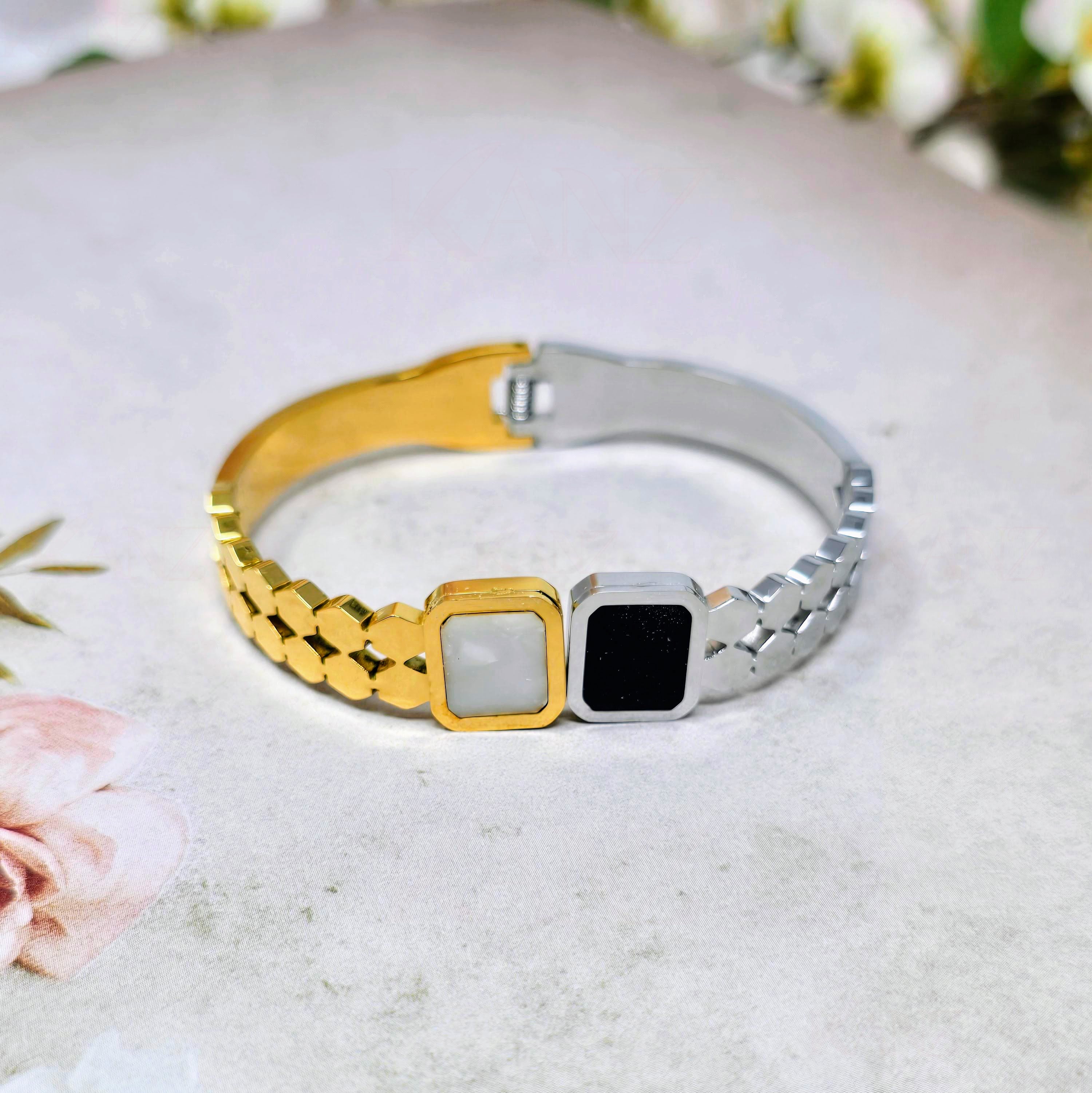 Dual Stone Harmony Two-Tone Stainless Steel Hinged Bangle