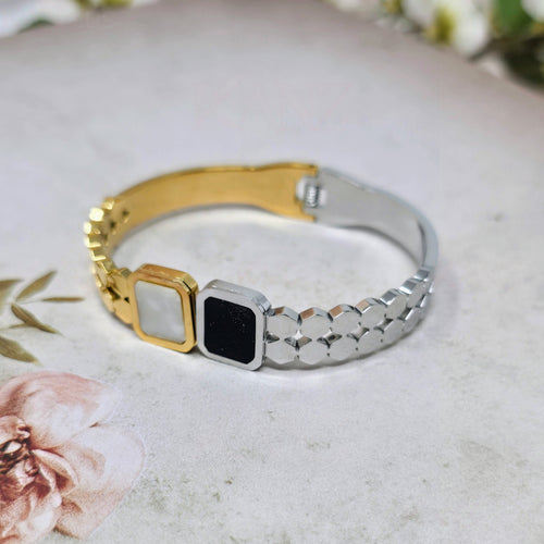 Dual Stone Harmony Two-Tone Stainless Steel Hinged Bangle